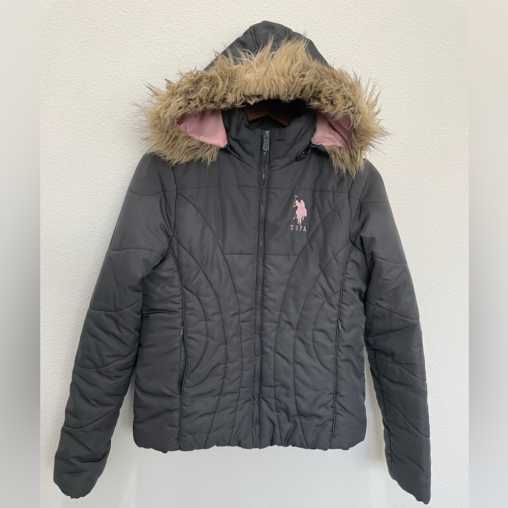 US Polo Assn Gray and Pink Puffer Jacket with Faux Fur Hood